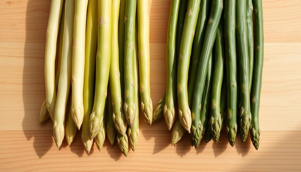 A high-resolution, detailed image of a side-by-side comparison of white and green asparagus on a clean, uncluttered wooden table. The asparagus spears are neatly arranged, showcasing their distinct colors, textures, and sizes. Soft, natural lighting from the side casts gentle shadows, highlighting the nuanced differences between the two varieties. The image has a crisp, appetizing feel, inviting the viewer to closely examine the key attributes that distinguish white and green asparagus. The overall composition is balanced and visually appealing, positioning the produce as the central focus against a simple, minimalist background.