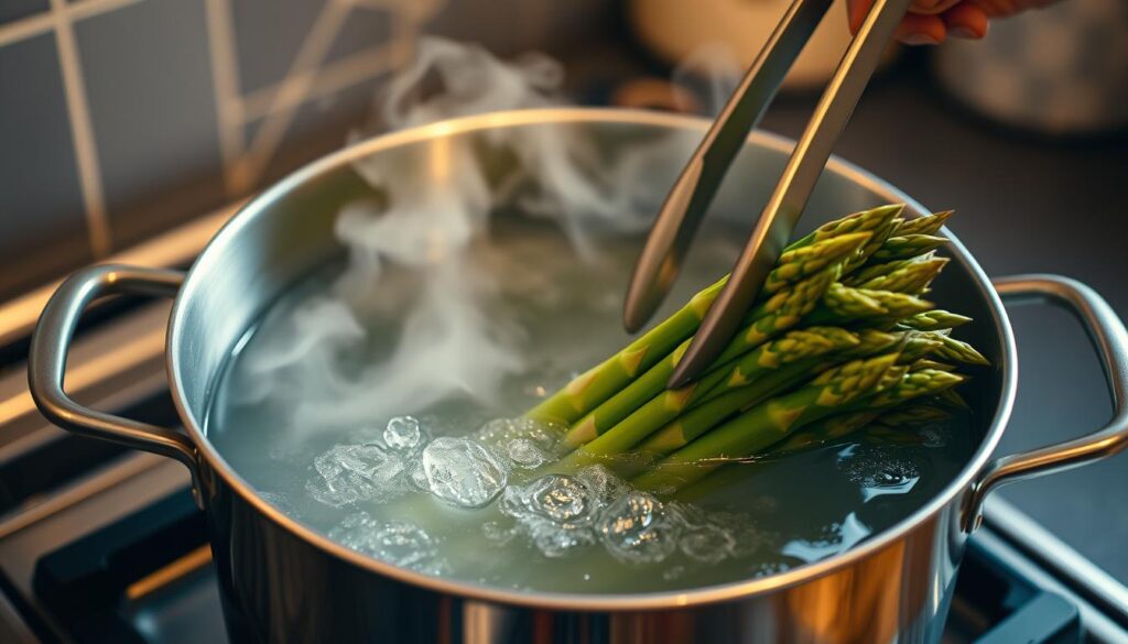 A large pot of boiling water on a gas stove, steam rising gently. Bundles of fresh, vibrant green asparagus spears being carefully lowered into the water with tongs. The lighting is soft and warm, casting a golden glow over the scene. The camera angle is slightly elevated, providing a clear view of the cooking process. The background is blurred, keeping the focus on the preparation of the asparagus. The overall mood is one of precision, care, and the simple joy of executing a well-known cooking technique.