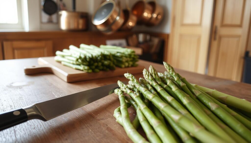 A rustic kitchen counter, the surface covered in freshly peeled asparagus stalks. In the foreground, a sharp knife deftly trims the woody ends, the pale green spears glistening under soft, diffused lighting. In the middle ground, a cutting board holds neatly stacked bundles, ready for the next step. Hanging in the background, copper pots and pans reflect the warm tones of the wooden cabinetry, creating a cozy, inviting atmosphere. The scene conveys the care and attention required to properly prepare this seasonal delicacy, with a sense of traditional expertise and culinary craftsmanship.