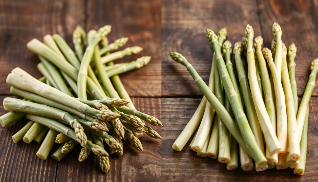 A vibrant still life showcasing a side-by-side comparison of white and green asparagus spears. The crisp, fresh asparagus is beautifully arranged on a rustic wooden surface, with the delicate green and ivory hues creating a harmonious contrast. Soft, natural lighting illuminates the scene, accentuating the intricate textures and shapes of the asparagus. The image captures the essence of the essential preparation techniques, inviting the viewer to appreciate the nuances between the two varieties and be inspired to cook them with care and precision.